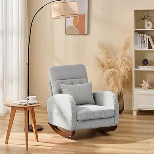 EROMMY Nursery Rocking Chair,Comfortable Upholstered High-Back Rocking Chair Nursery with Side Storage Pocket & Sturdy Rubber Wood Legs, Perfect for Breastfeeding & Living Room,Teddy Grey