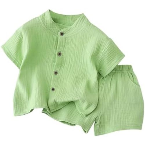Toddler Cotton Linen Outfits 2pc Plain Button Front Shirts Shorts Sets Baby Boys Summer Casual Lightweight Clothes