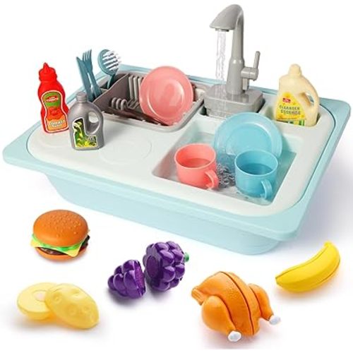Asweets Color Changing Kitchen Sink Toys, Toddler Sink Toys with Running Water, Pretend Play Toys with Upgraded Faucet, Automatic Water Cycle System (Blue)