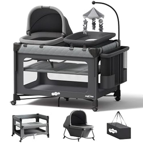 Pamo Babe Pack and Play with Bassinet - 7 in 1 One-Step Setup Bedside Crib, Portable Playpen, Travel Crib, Baby Playard with Diaper Changing Station, Toy Bar & Large Storage Bag