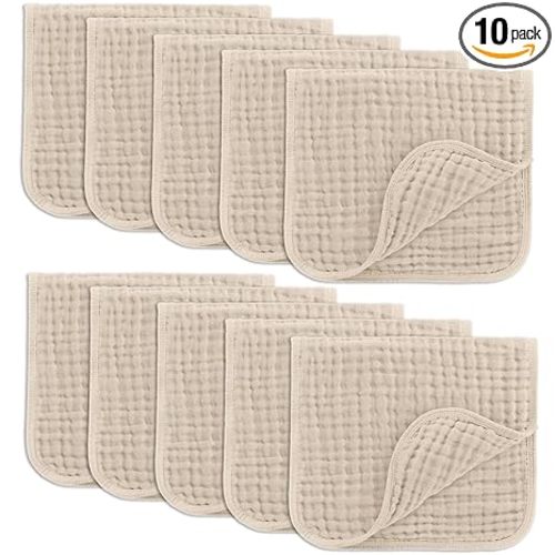 Comfy Cubs Muslin Burp Cloths 20" x 10", Pack of 10 - Large, 6-Layer, Ultra Absorbent 100% Cotton for Baby Drool and Messes - Soft, Safe & Gentle Baby Burp Cloths for Boys & Girls - Sand