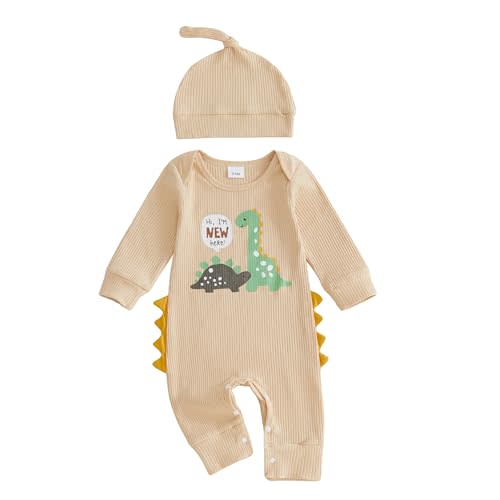 allshope Newborn Baby Boy Fall Outfit Romper Hi I'm New Here Dinosaur Print Long Sleeve Jumpsuit Bodysuit Cute Infant Clothes