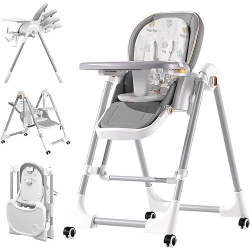 Taleco Gear Foldable Baby High Chair, 3-in-1 High Chairs for Babies and Toddlers with Removable Seat & Tray, 4 Locking Wheels, Adjustable Height & Recline