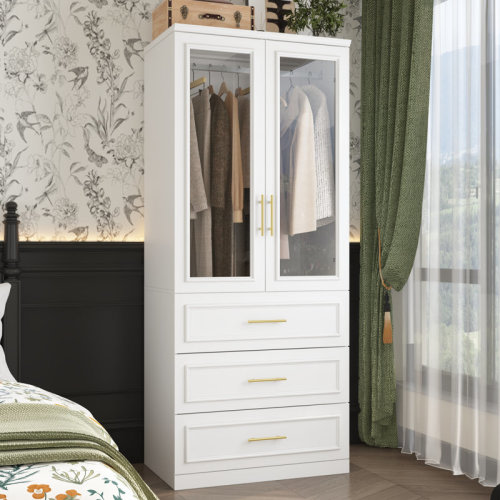 Modern Wardrobe With Glass Doors, Spacious Storage With Drawers And Golden Handles | Wayfair