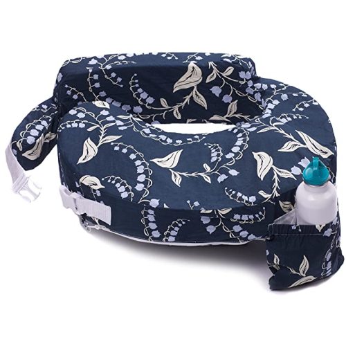 My Brest Friend Original Nursing Pillow Enhanced Ergonomics Essential Breastfeeding Pillow Support For Mom & Baby W/ Convenient Side Pocket, Double Straps & Slipcover, Navy Bluebells