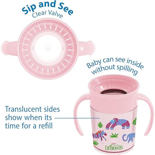 Dr. Brown’s Milestones™ Cheers360™ Training Sippy Cups with Handles for Babies and Toddlers, BPA Free, Pink Animal Deco, 7oz, 6m+