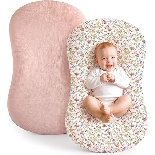 Termichy Baby Lounger Covers Muslin: Soft and Breathable Slipcover for Snuggle Me Lounger - Machine Washable & Zipper-Free for Safe Daily Use - Pink Floral for Girls