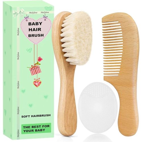 Baby Hair Brush and Comb Set for Newborns & Toddlers | Wooden Baby Brush Set with Soft Goat Bristles l Wood Comb l White Cradle Cap Brush| Ideal for Cradle Cap (3 Piece)