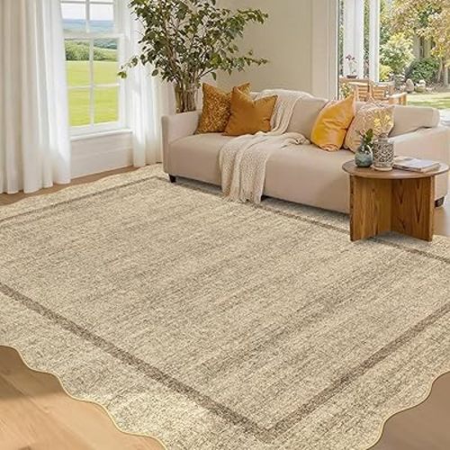 GarveeHome Scalloped Area Rug 4x6 - Washable Boho Bordered Non-Slip Entryway Rug, Neutral Farmhouse Living Room Rug Soft Throw Rugs for Entrance Hallway Bedroom Kitchen Nursery, Beige