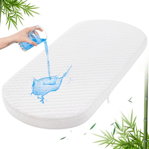 Baby Bassinet Mattress Pad 30"x15" Oval - Waterproof Bamboo Cover, Premium Foam, Breathable, Hypoallergenic, Non-Toxic Topper, for Cradle and Moses Basket