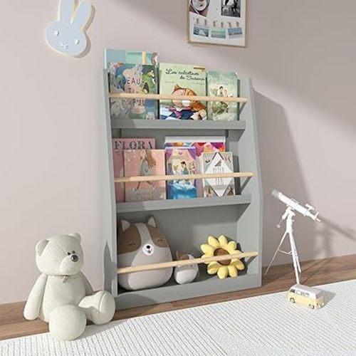 Timy 3 Tier Kids Book Shelf,Kids Book Rack Helps Keep Bedrooms,Playrooms,and Classrooms Organized Gray