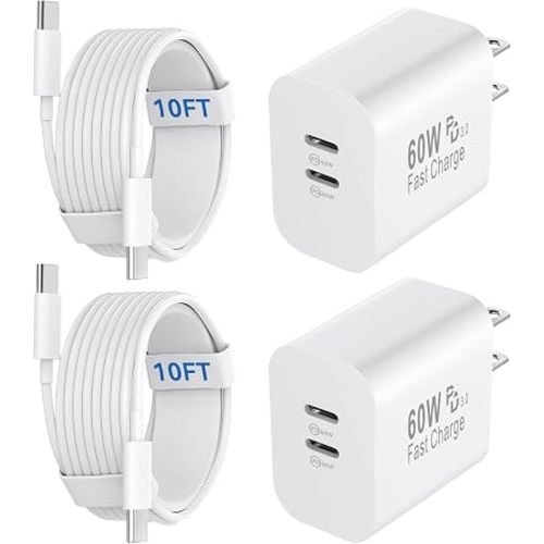 60W USB C Fast Charger for iPhone 17 16 15 Pro Max, 60W Dual Port Type C Charger Block with 10FT Long C Charger Fast Charging Cable Cord for iPhone 17/17 Pro Max/17/Air/16/15/Pro Max, iPad