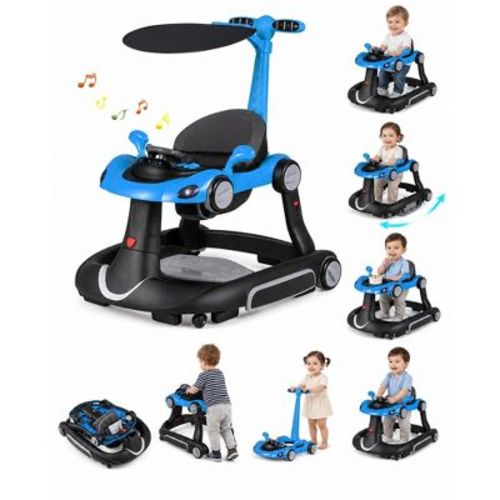 6-in-1 Baby Walker with Canopy Activity Center Bouncer with Music, Blue