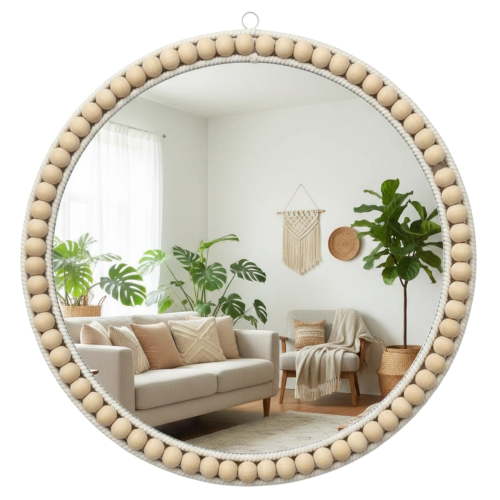 MEHOOM 20" Round Wall Mirror, Boho Hanging Round Mirror, Wall Decor for Bedroom, Bathroom, Living Room, Beige