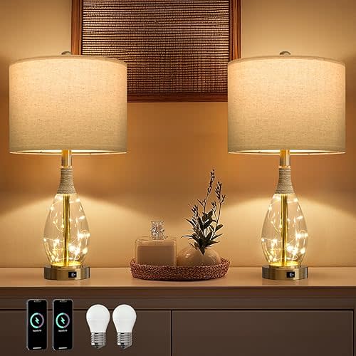 OYEARS 23" Table Lamps for Living Room Set of 2 Bedside Lamps for Night Stands Bedroom Lamps Farmhouse Rattan Boho Lamp Glass Nightlight End Table Lamp with USB C+A (Gold),Two Light Points