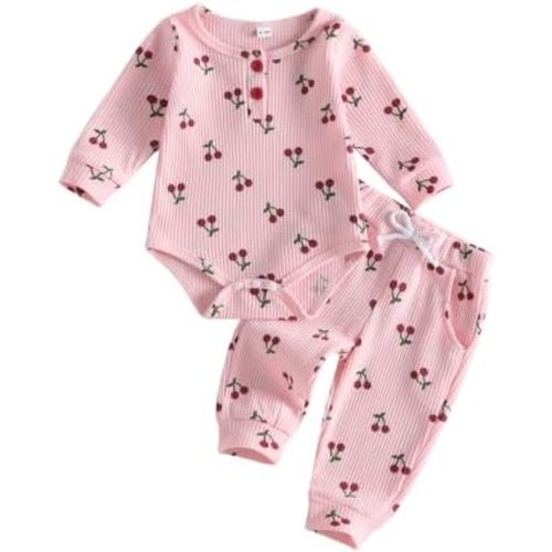 Baby Girl Fall Outfit Waffle Cherry Print Long Sleeve Romper and Pants