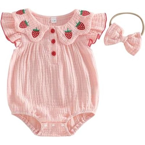 VSQWLZT Baby Girl Summer Pink Strawberry Onesie + Headband | Newborn Infant Summer Outfit Fly Sleeve Romper Strawberry Onesie One Piece Smocked Bubble