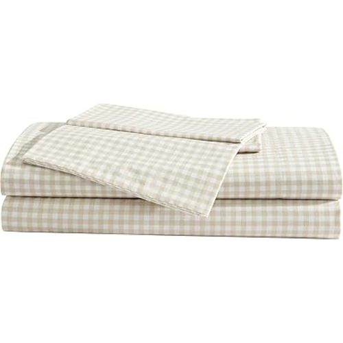 Eddie Bauer - Sheet Set, Cotton Percale Bedding with Matching Pillowcase, Crisp & Breathable, 200-Thread Count, Classic Comfort Essentials (Little Gingham Beige, Twin)
