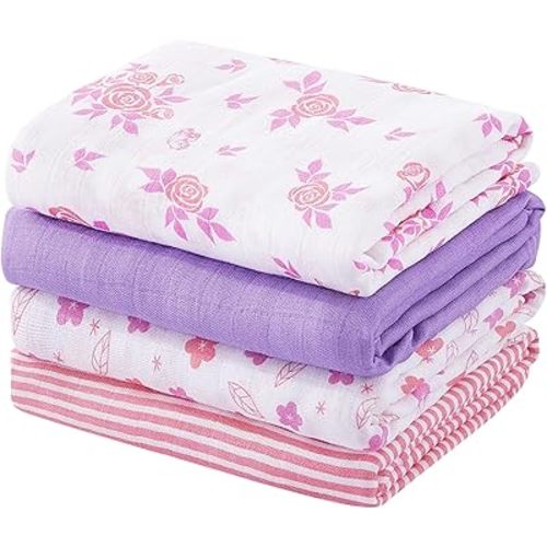 Viviland Muslin Swaddle Blankets, Swaddle Wrap for Boys and Girls, Breathable and Skin-Friendly Baby Receiving Blankets, Baby Essentials, 4-Pack Flowers & Heart, 47 x 47 inches
