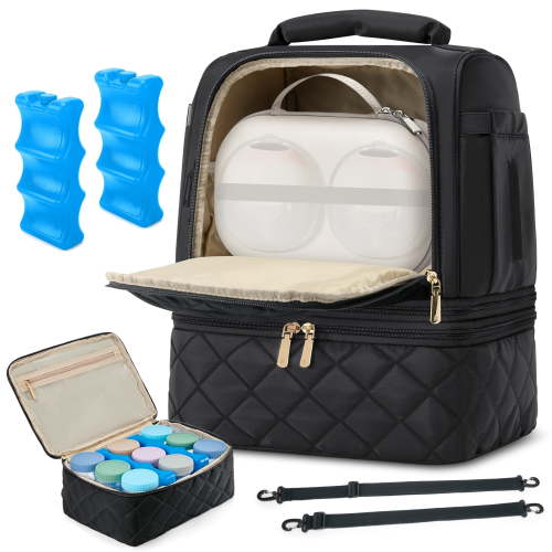 RAINSMORE Wearable Breast Pump Bag with Cooler Compartment Ice Packs Milk Bottle Storage Case Portable Cooler Tote for Breastmilk Storage,Black