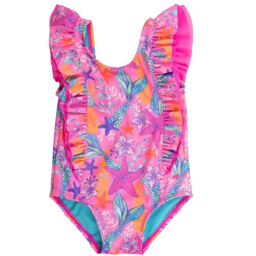 Rufflebutts Baby Girls Upf50+ Waterfall One Piece - Neon Shimmer Mermaid, 6-12m