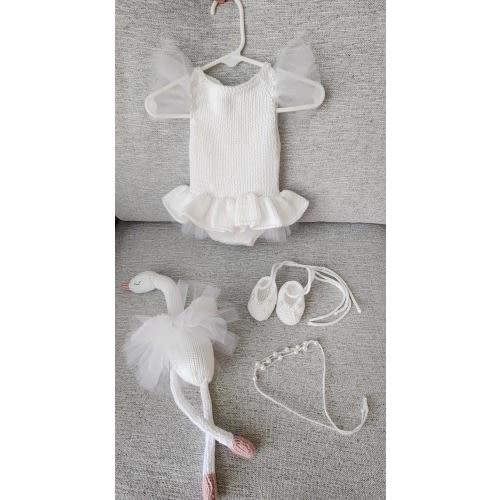 Newborn Ballerina Romper, Tutu, Swan Toy, Photography Prop Set (White)