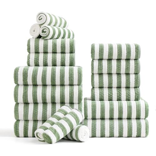 18-Piece Microfiber Bath Towels Set - 6 Bath Sheet, 6 Hand Towels, 6 Washcloths, Soft, Highly Absorbent Bathroom Towel, Quick Dry & Less Lint Shower towel for Bathroom, Hotel, Spa, Dorm-Light Green