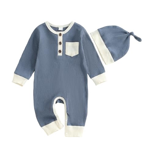 fhutpw Baby Boy Ribbed Knit Clothes Long Sleeve Henley Romper Jumpsuit | Infant Bodysuit and Hat, Newborn Onesie, 3 6 9 12 Months, Fall Winter Outfits, Rib Knit Set, Easy Diaper Changes