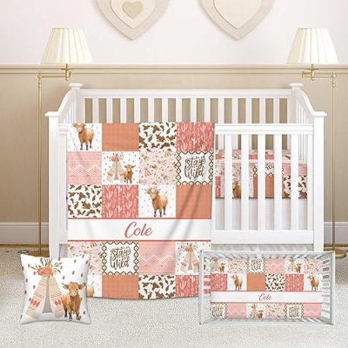 Custom Highland Cow Pink Crib Set for Baby Girls – Personalized 3 Pcs Bedding Set with Name, Flannel Blanket, Crib Sheet & Pillow Cover – Soft & Cozy Nursery Bedding Gift for Newborns