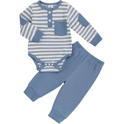 fhutpw Baby Boy Clothes 3 6 12 18 Months Ribbed Knitted Long Sleeve Romper and Pants Sets Newborn Fall Splicing Color Outfits