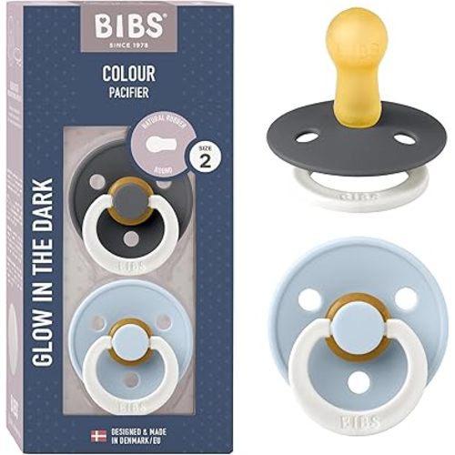BIBS Colour Glow Pacifier, 6-18 Months, 2-Pack, Round, Iron/Baby Blue