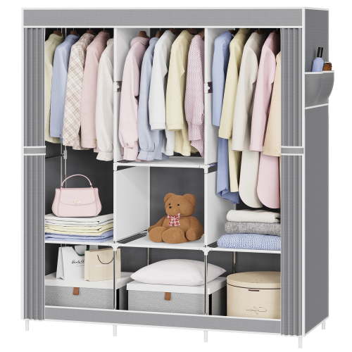 Riousery Portable Wardrobe Closet, 49 Inch, Metal Frame, Clothes Rack, Dustproof Fabric Cover, Grey