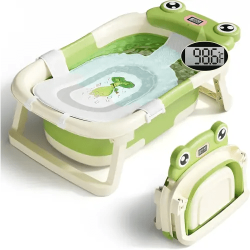 Baby Bathtub, Collapsible Newborn Bathtub for Infant to Toddler 0-24 Months with Soft Cushion and Thermometer,Portable Travel Newborn Tub with No-Slip Feet, Baby Shower Gifts,Green