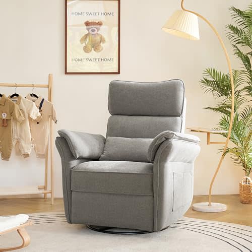 HULALA HOME Nursery Glider Recliner with Adjustable Headrest and Armrests, Modern Power Swivel Rocker Recliner Chair with USB Port and Storage Bags, GREENGARD, FSC, CertiPUR-US Certified, Ash