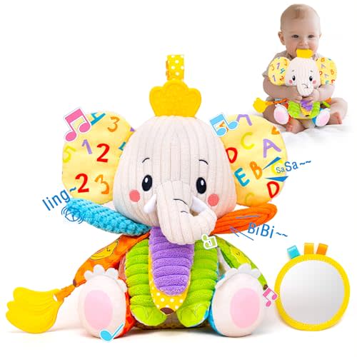 Baby Toys 3-6 Months, Musical Stuffed Elephant Toddler Toy for Newborn Infant 3 6 9 12 Months, Tummy Time Toys Montessori Sensory Toys 0-6 6-12 Months, Crinkle Paper, Mirror Soothing Music Shower Gift