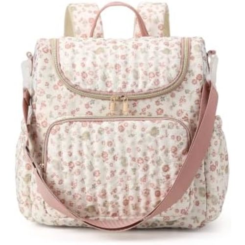 Quilted Diaper Bag Backpack Large Floral Puffy Backpack Multi-compartment Baby Storage Backpack for Travel Hospital