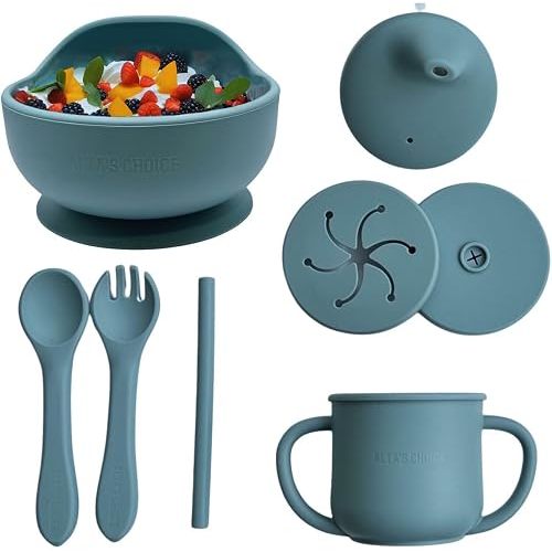 ALTA'S CHOICE Silicone Baby and Toddler Feeding Set. Baby essentials. BPA free baby led weaning feeding supplies. Suction bowl, spoon, fork, sippy cup, snack and straw lid. For kids 6+ months., ETHER