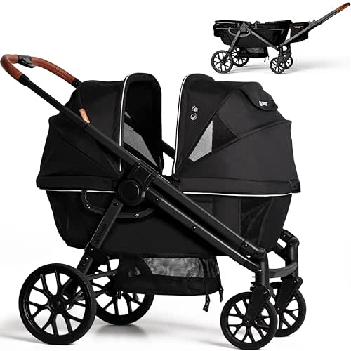 Tandem Wagon Stroller for 2 Kids, All-Terrain with Removable UV-Protection Canopy, Adjustable Push/Pull Handle, Snack Tray & Cup Holders, Perfect for Baby and Toddler (Black)