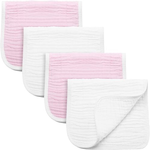 Synrroe Burp Cloths Large, Muslin Burp Cloths for Baby Girls and Boys, Pack of 4 Extra Absorbent and Soft Muslin, 6 Layers 20 by 10 Inches 100% Cotton (Pink-White 4 Pack)