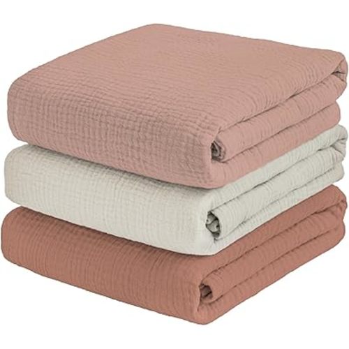 Muslin Swaddle Blankets for Baby Boy - 3 Pack 47x47 Inch Large Receiving Blankets Neutral, Soft Breathable Cotton Nursery Swaddles for Newborn, Infant (Cameo Brown, Cream White, Terracotta)