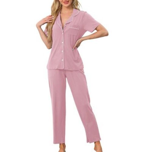 cheibear Women's 2 Pcs Button Down Short Sleeve Shirt and Pants Pajama Set Loungewear Medium Grey Pink