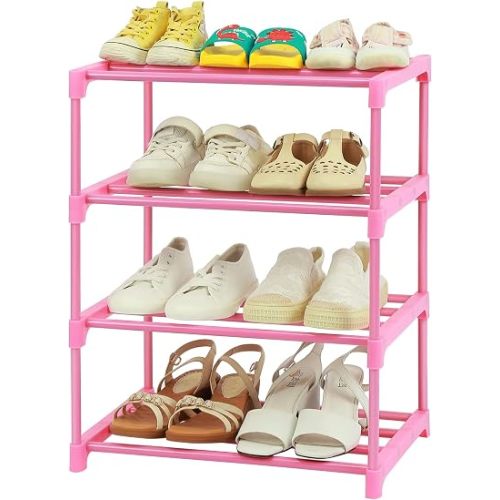 4-Tier Free Standing Pink Shoe Racks, Lightweight Stackable Shelf