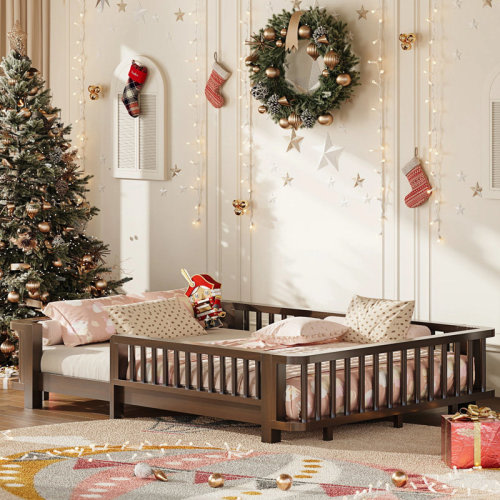 Latitude Run® Floor Bed, Floor Bed Frame with Rails,Solid Wood Low Profile Bedframe with Wood Slats,Rounded Corner,No Box Spring Needed | Wayfair