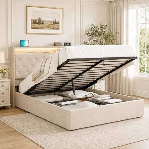 Queen Size Lift Up Storage Bed Frame with LED Lights & Charging Station