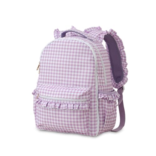 DYSHAYEN Kids Backpack for Girls, 15" Ruffled Backpack for School Kindergarten Bookbag 5-8, Fully Opened Compartment (Purple Gingham)