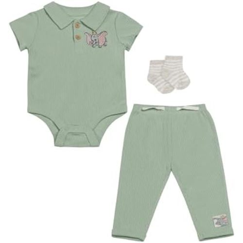Disney Baby Boys 3-Piece Rib Pant Set – Polo Bodysuit, Jogger Pants & Socks – Mickey, Winnie the Pooh & Dumbo – Sizes (0-9M)