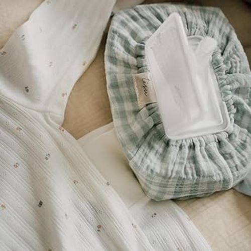 Baby Wipes Cover – Universal Size, One Size Fits All Wipes Packages | Muslin Cotton Tissue Cover for Nursery, Diaper Bag & Changing Table, Station | Gingham & Neutral Patterns (Light Mint Gingham)