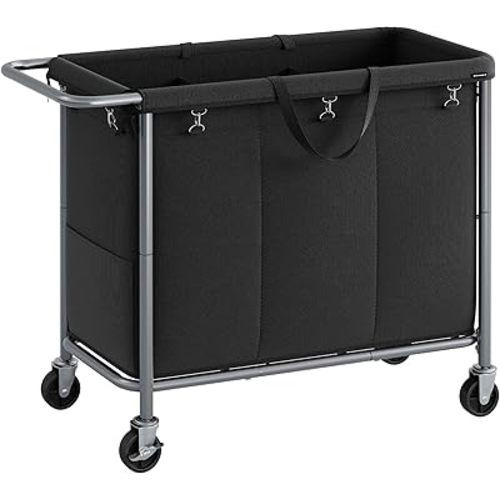SONGMICS Laundry Basket with Wheels, 3-Section Rolling Laundry Hamper, 52.8 Gallons (200 L), Removable Liner, Steel Frame with Handle, 35.8 x 15.4 x 31.9 Inches, Ink Black URLS005B01