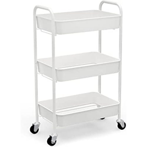 CAXXA 3-Tier Rolling Metal Storage Organizer - Mobile Utility Cart Kitchen Cart with Caster Wheels, White
