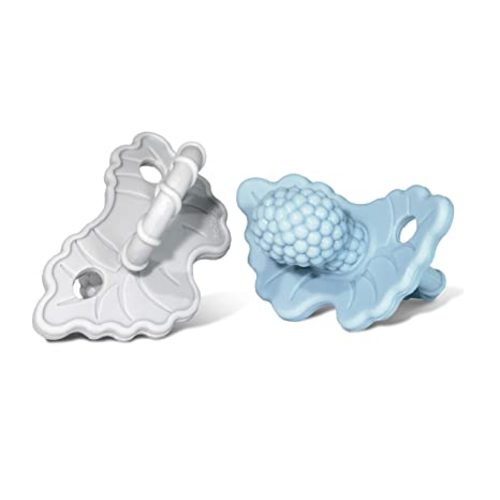 RaZbaby RaZberry Silicone Teether Pacifier – Teething Relief for Infants, Food-Grade, BPA-Free, Hands-Free, Natural Berrybumps Fruit Texture for Sensory Development, Freezable, 2-Pack - Red & Blue